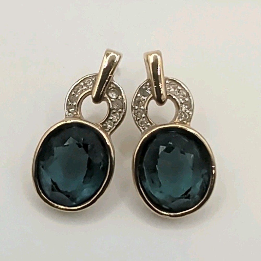 Vtg Signed PANETTA Gold Tone Blue Oval Crystal Pave Rhinestone Pierced Earrings